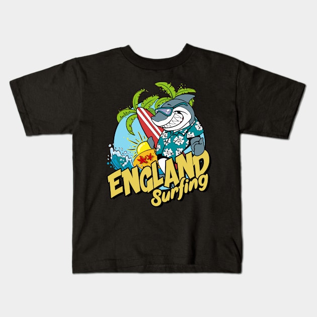 England surfing shark Kids T-Shirt by SerenityByAlex